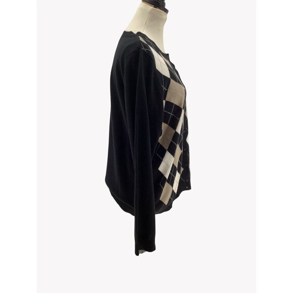 Croft & Barrow Womens XL Argyle Button-Front Cardigan Sweater Black Beige White - Picture 3 of 8